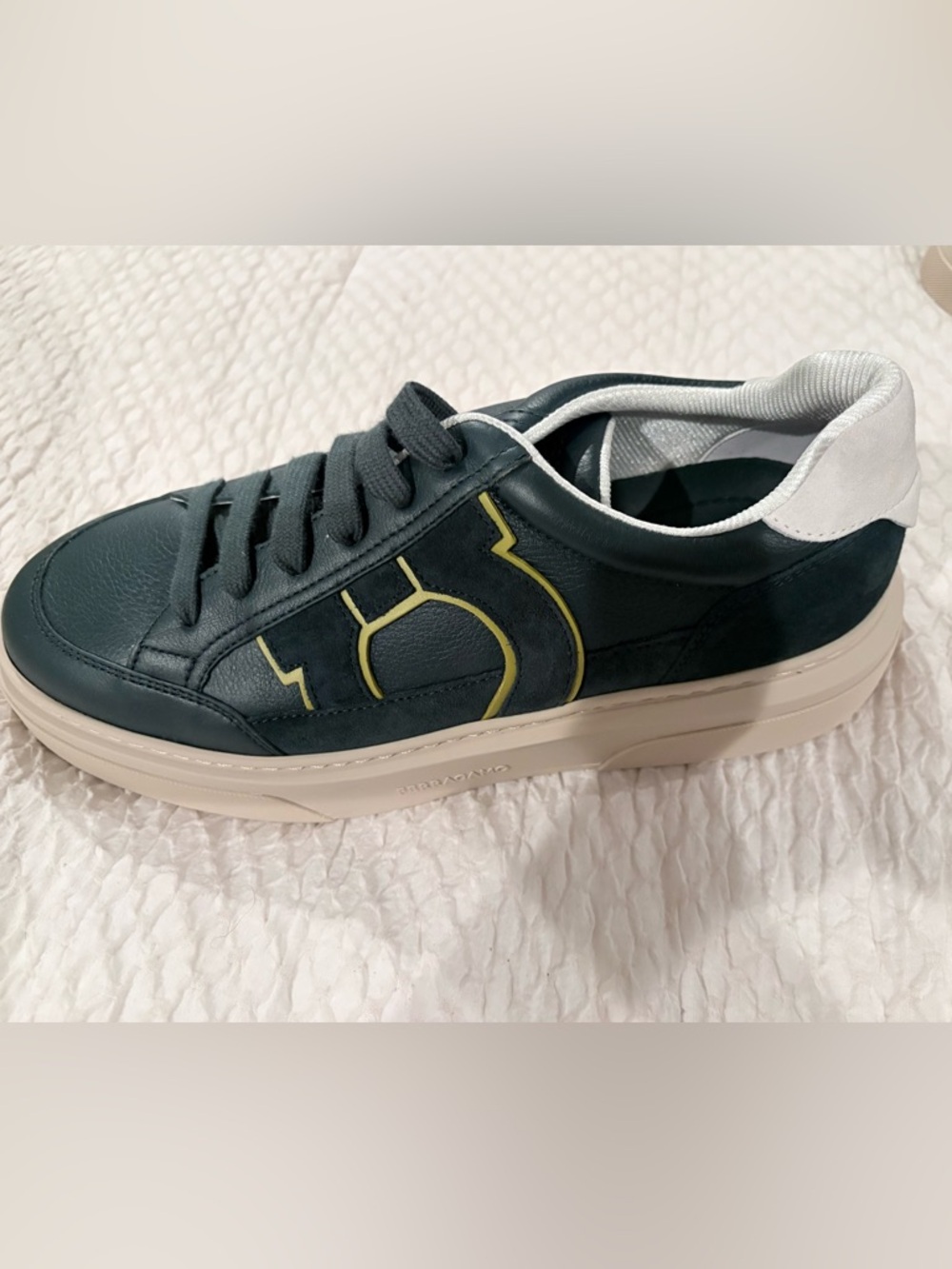 Salvatore Ferragamo Dark Green Leather & Suede Low-Top Sneakers with Cream Sole